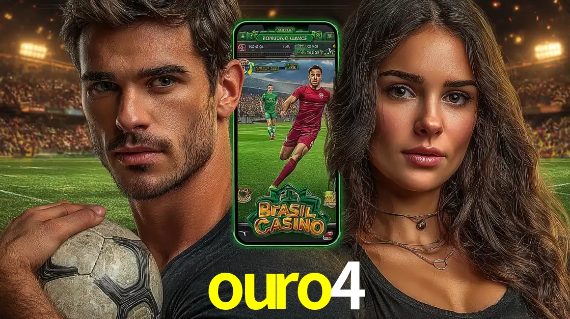 Homem segurando uma bola de futebol e uma mulher ao lado de um smartphone exibindo o jogo de apostas esportivas da ouro4. Faça seu palpite no cassino online.